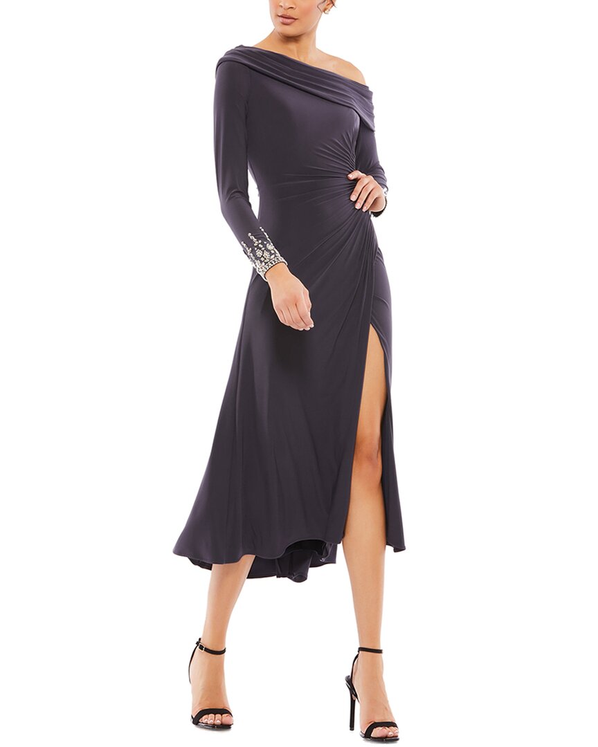 Mac Duggal One-shoulder Long Sleeve Midi Dress In Grey