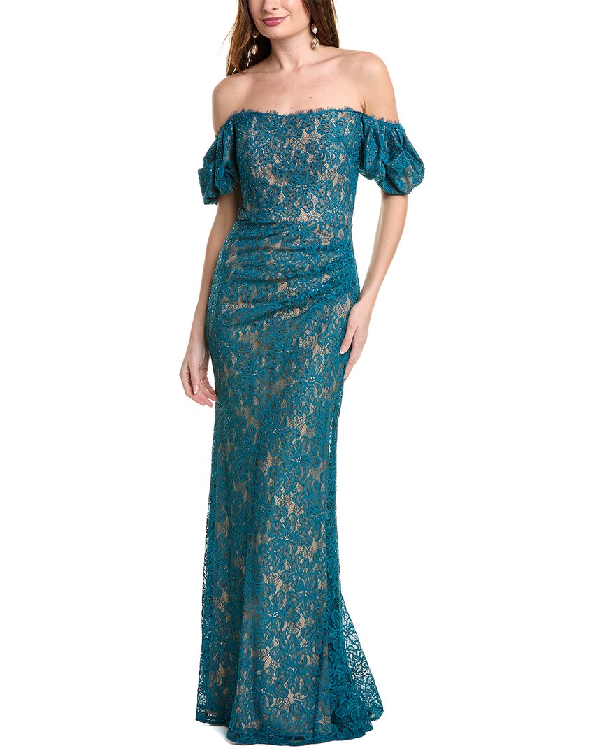 Jovani Off-the-shoulder Lace Gown In Blue