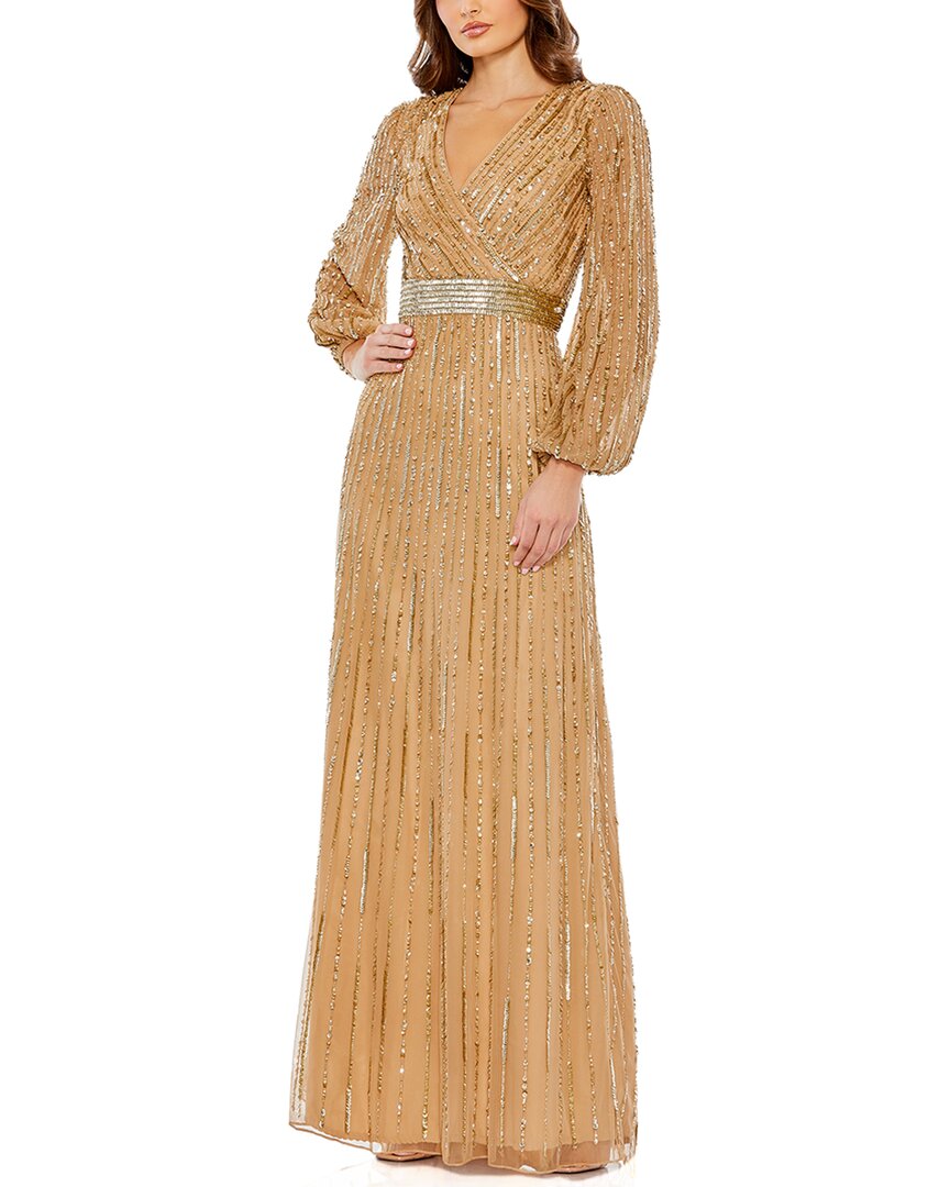 Mac Duggal Sequined Wrap Over Puff Sleeve Gown