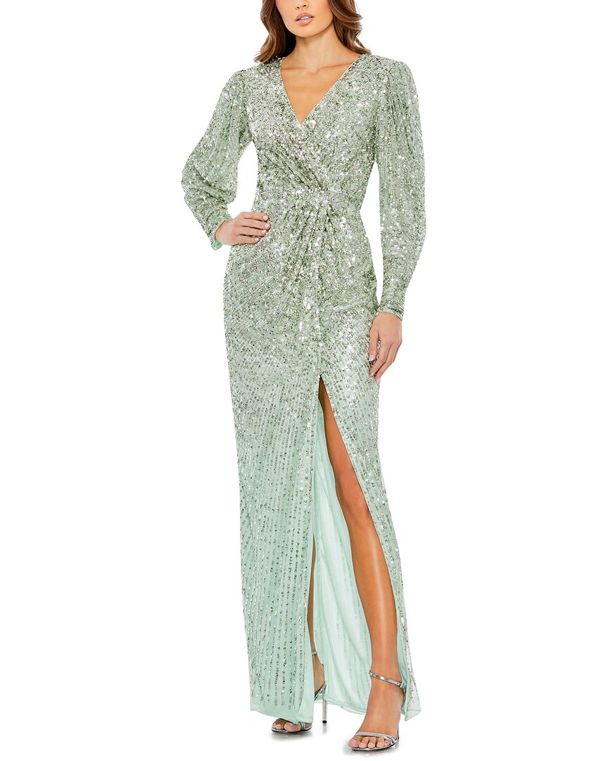 Mac Duggal Sequin Wrap Bodice Long Sleeve Gown