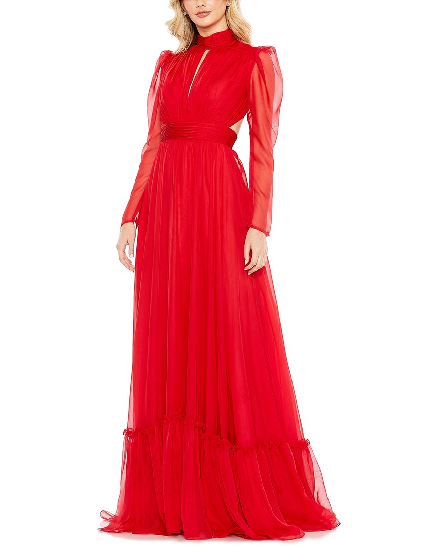 Mac Duggal Chiffon High Neckkeyhole Puff Sleeve Gown In Red