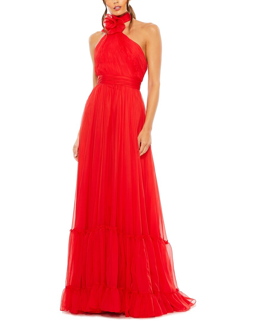 Mac Duggal Ruched Tiered High Neck Bow A Line Gown