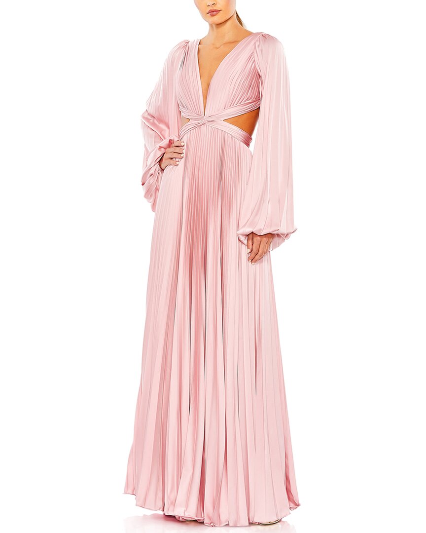 Mac Duggal Long Sleeve Pleated Charmeuse Cut Out Gown In Pink