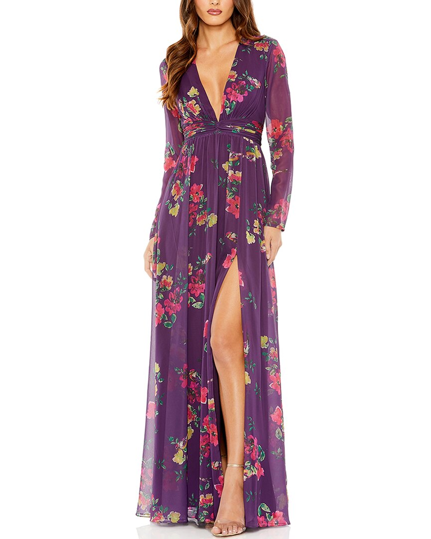 Mac Duggal Long Sleeve Ruched Top Deep V-neckline Gown