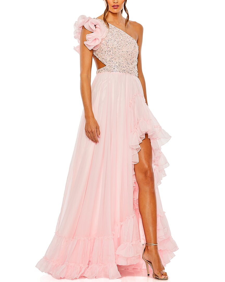 Mac Duggal Ruffled One Shoulder Embellished Lace Up Gown