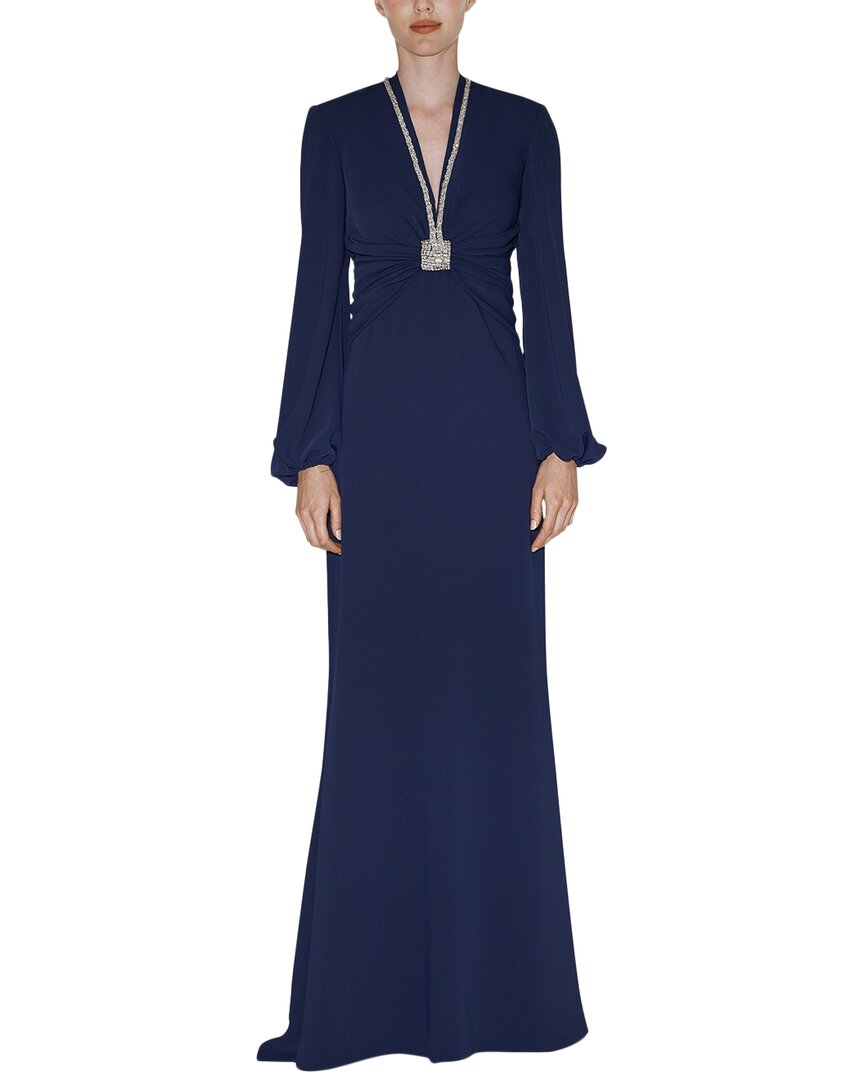 Reem Acra Blouson Sleeve V-neck Gown In Blue