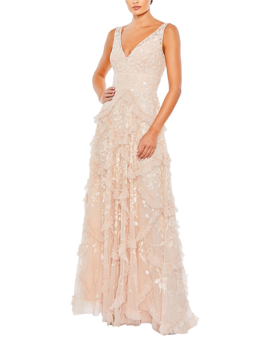 Mac Duggal Sequined Scallop Ruffle Tiered V Neck Gown