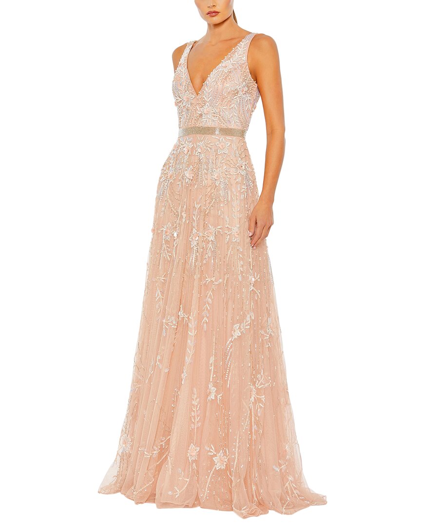 Mac Duggal V-neck Embellished Tulle Gown In Gold
