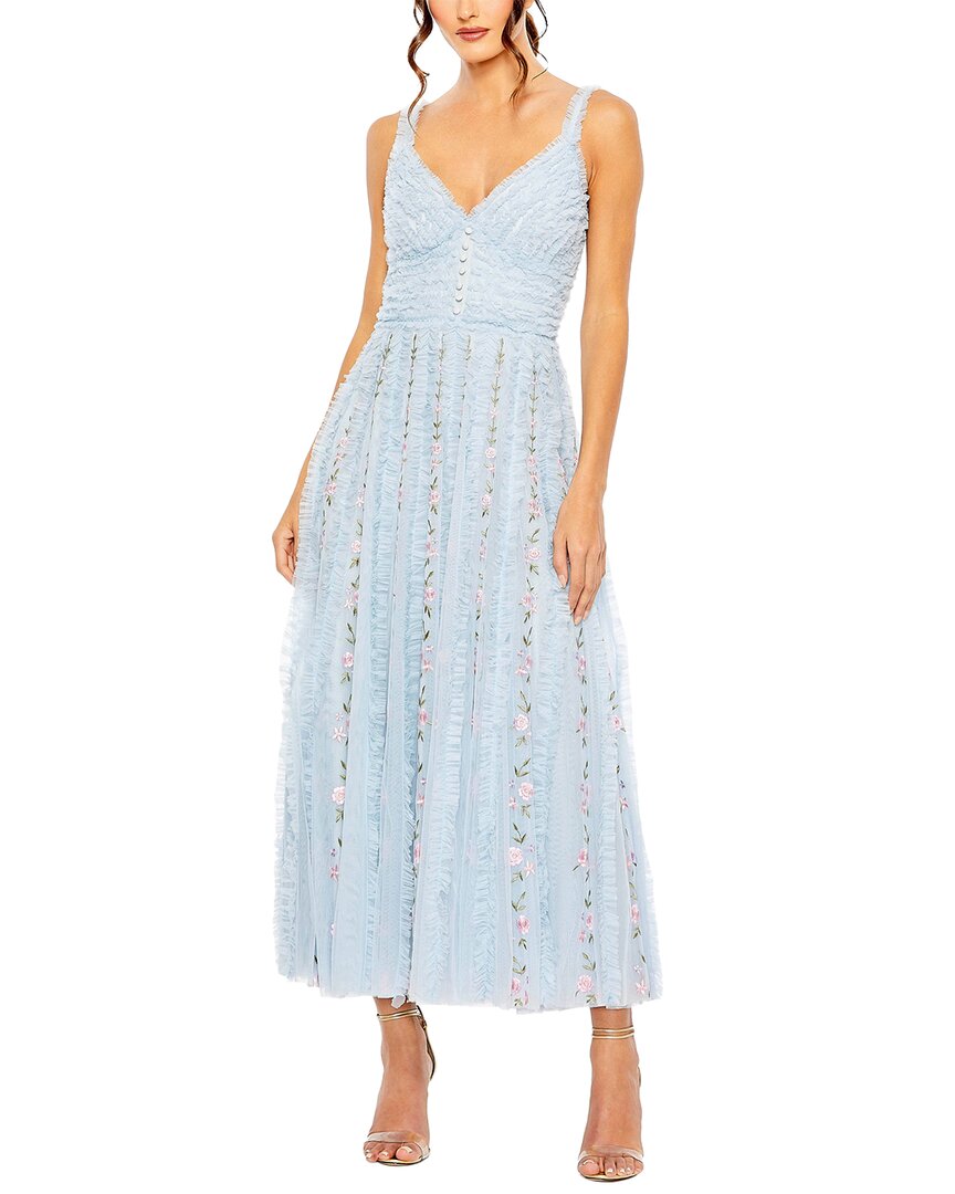 Mac Duggal Ruffle Floral Embroidered Detail Tea Length Midi Dress