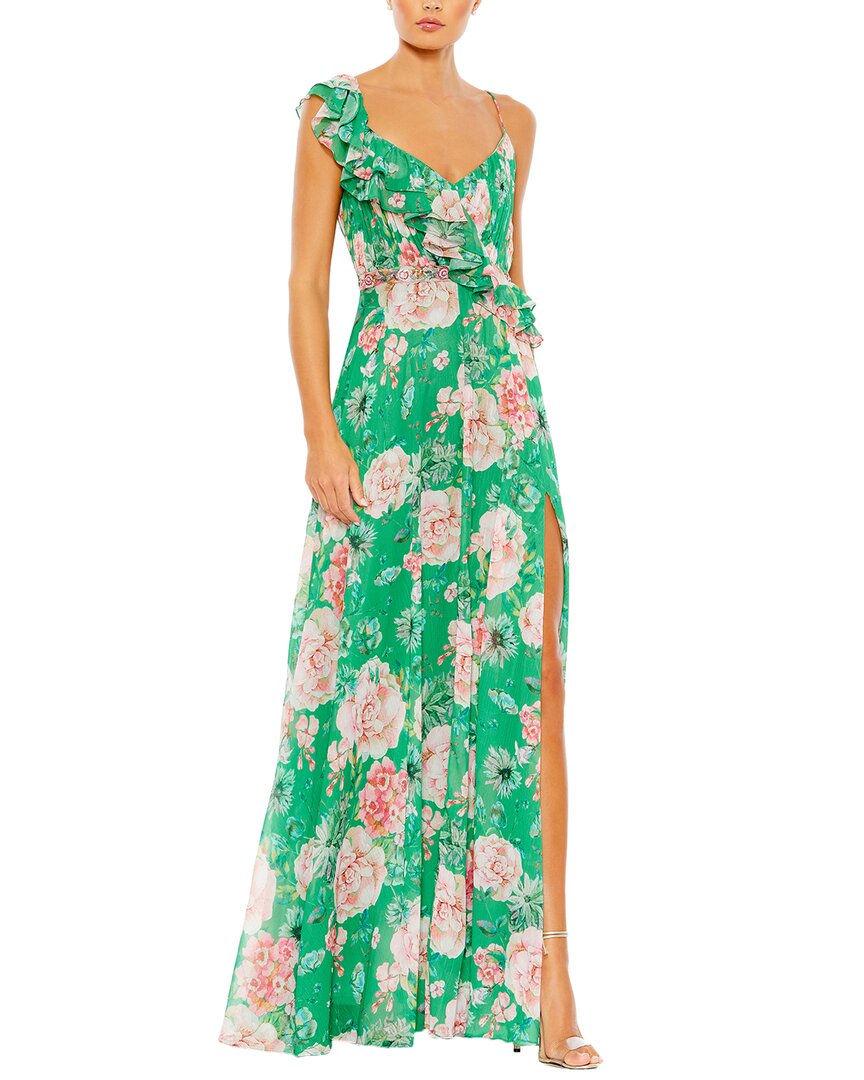Mac Duggal Floral Print Ruffled Wrap Over A Line Gown In Green