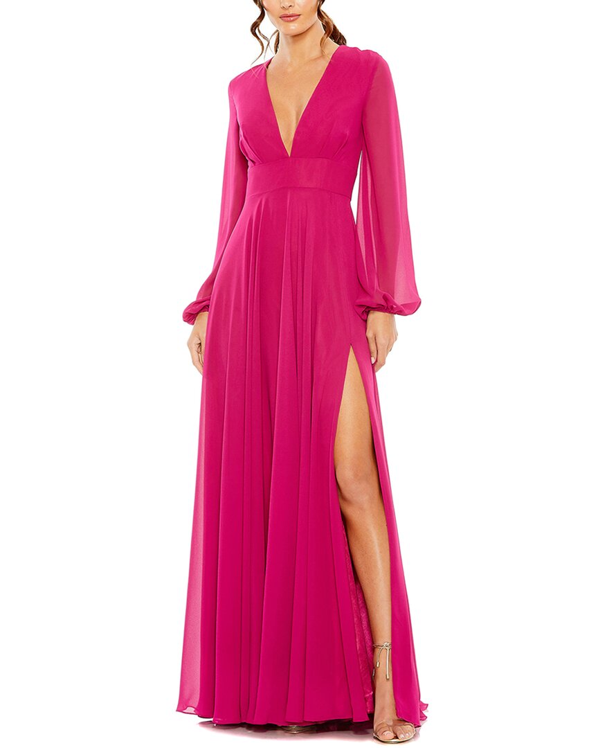 Mac Duggal V-neck Illusion Long Sleeve Chiffon Gown
