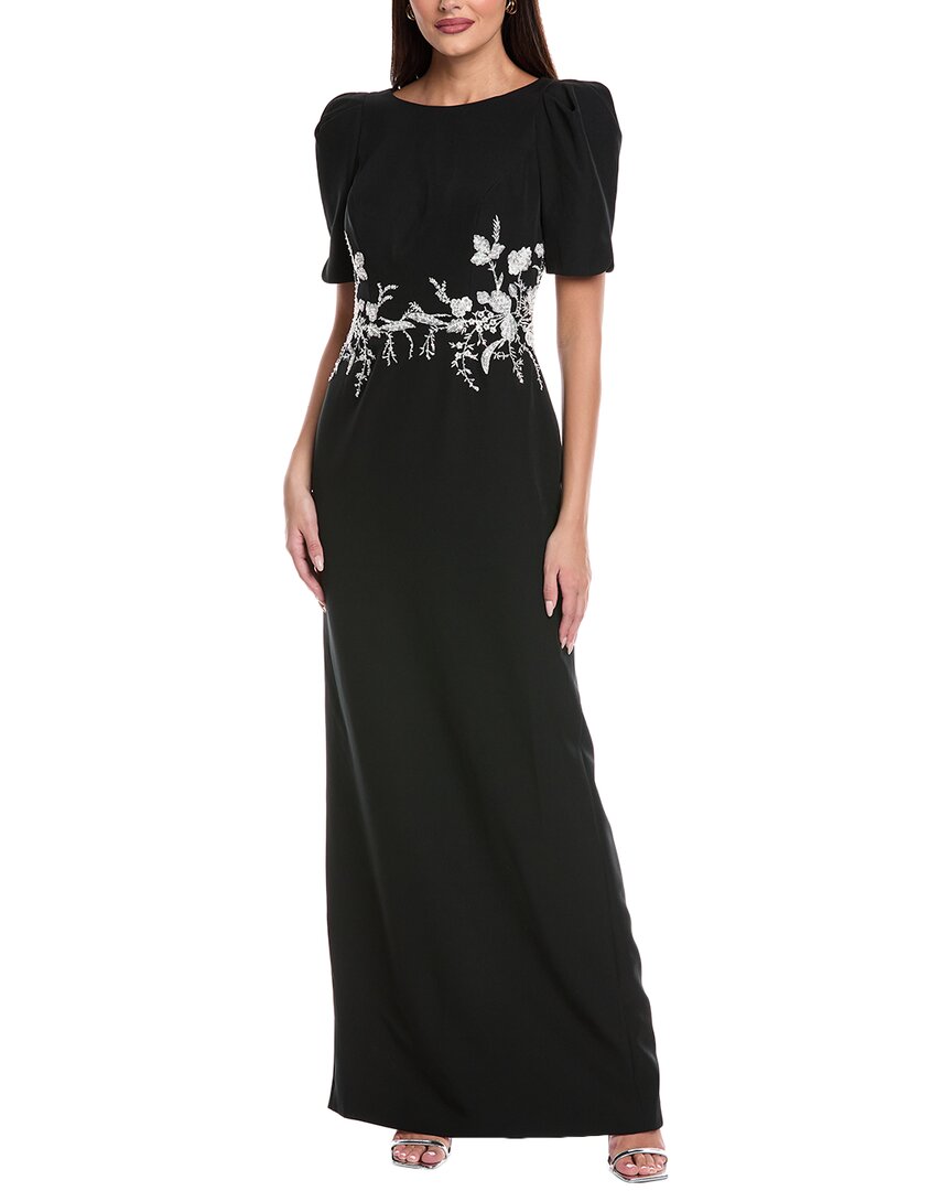 Rene Ruiz Puff Sleeve Crepe Column Gown In Black