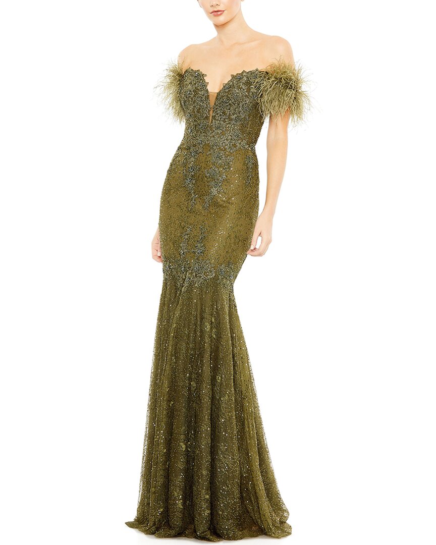 Mac Duggal Off-the-shoulder Feather Embellished Mermaid Gown