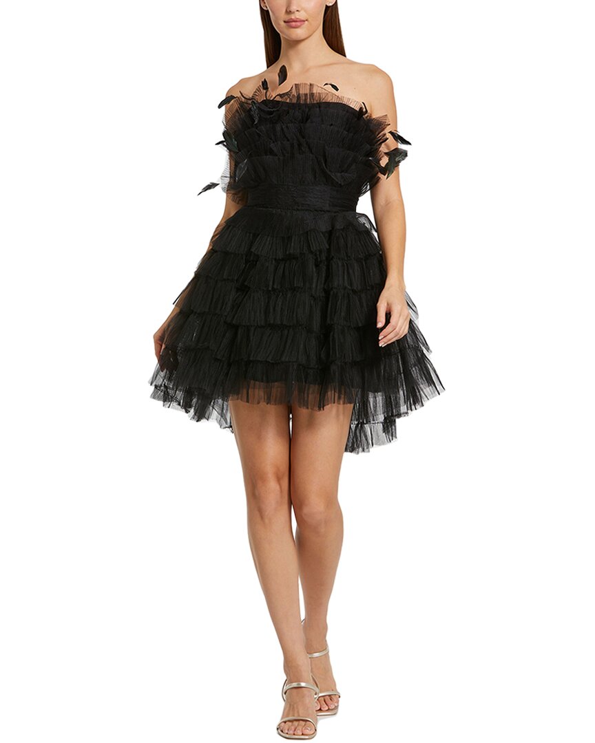 Mac Duggal Feathered Strapless Tulle Fit And Flare Dress In Black