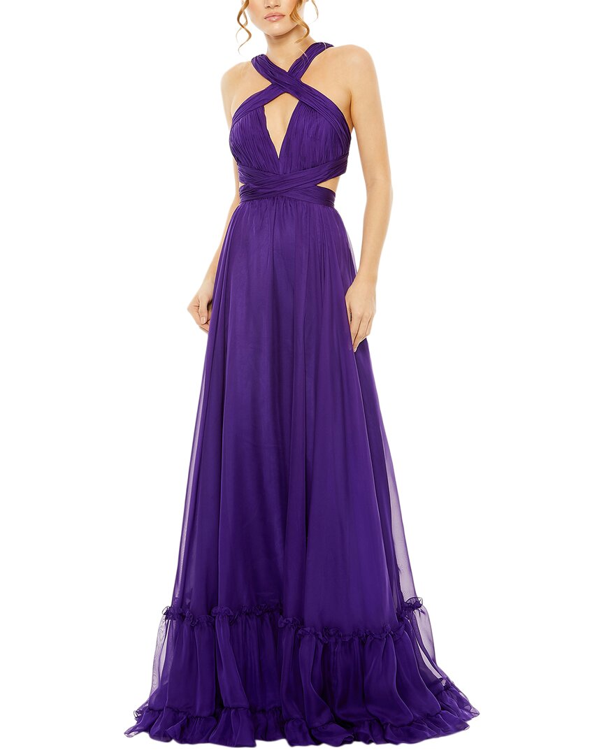 Mac Duggal Halter Cutout Keyhole Tiered Gown In Purple