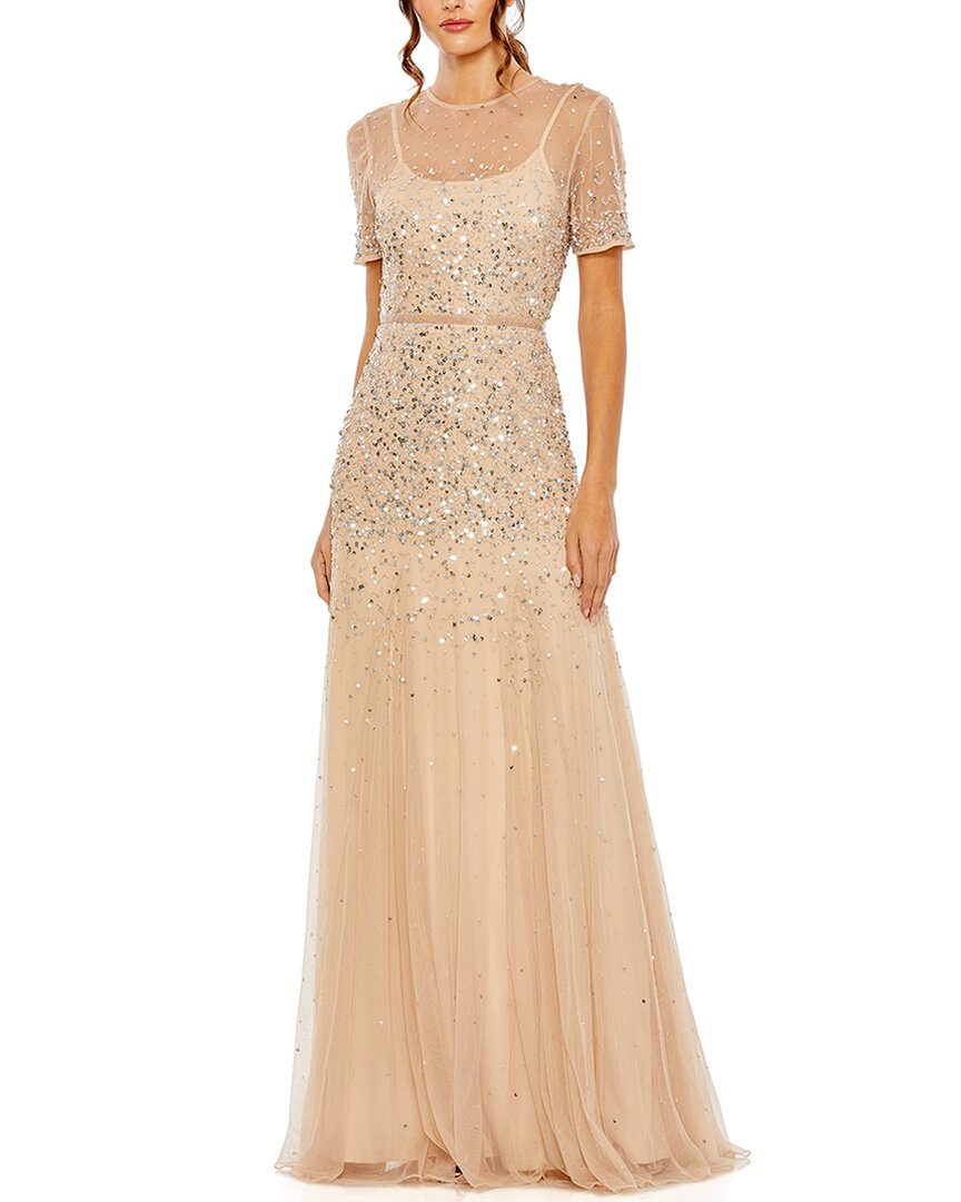 Mac Duggal High Neck Sequin Embellished A-line Gown In Gold