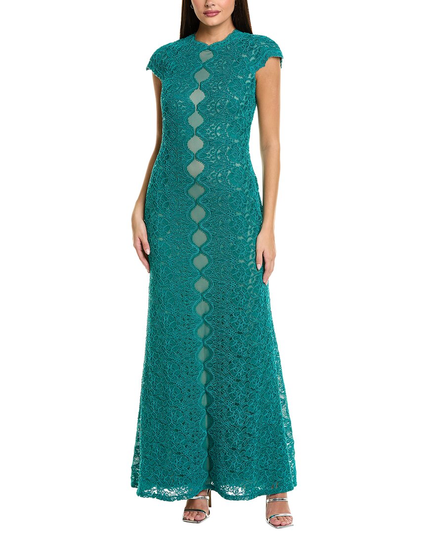Tadashi Shoji Cap-sleeve A-line Floral Lace Gown In Green