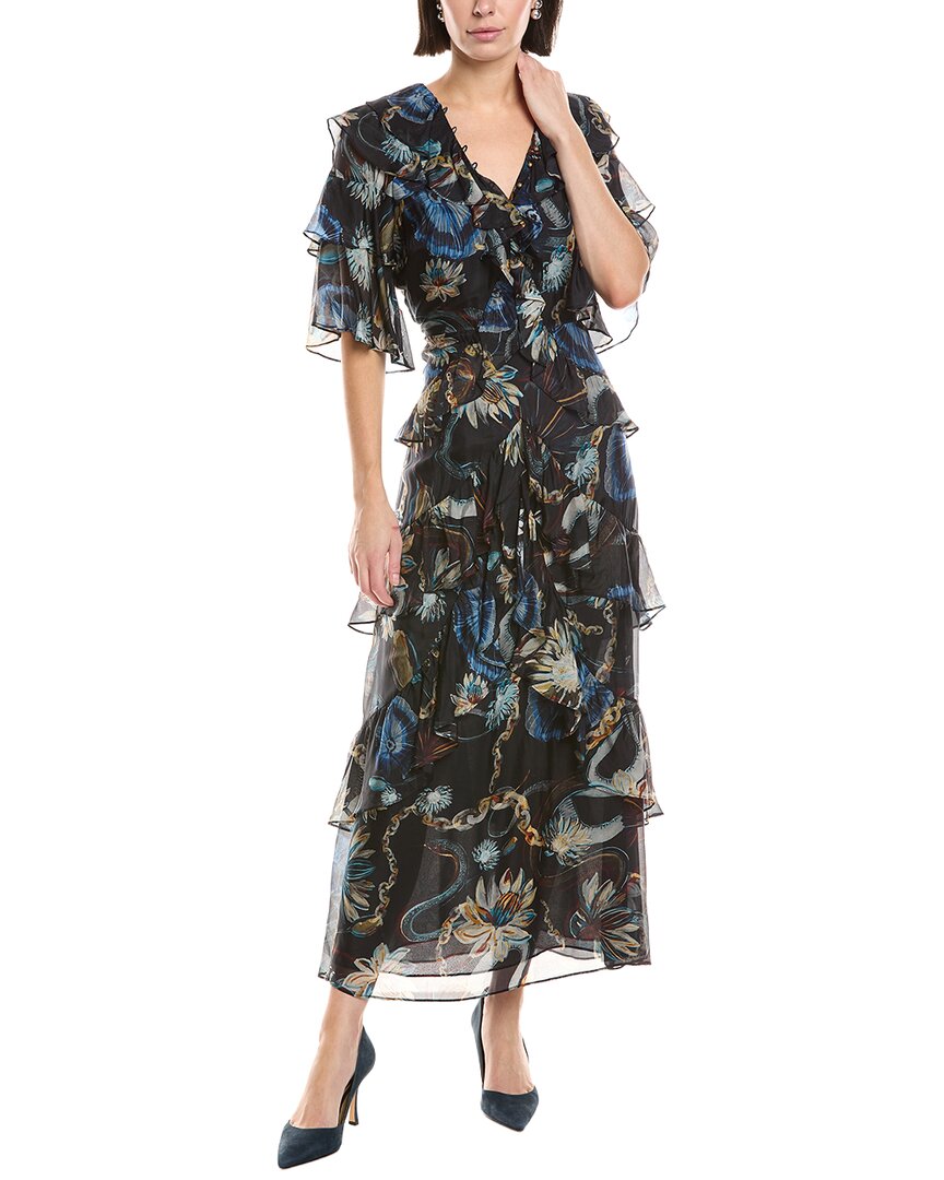 Marchesa Notte Printed Silk-blend Ruffle Midi Dress In Blue
