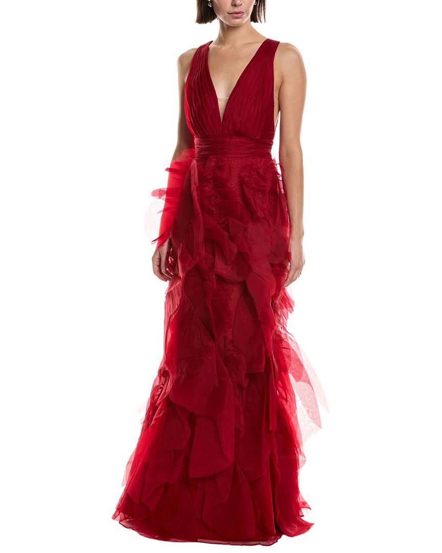Marchesa Notte Sleeveless Deep V-neck Silk Maxi Dress In Red