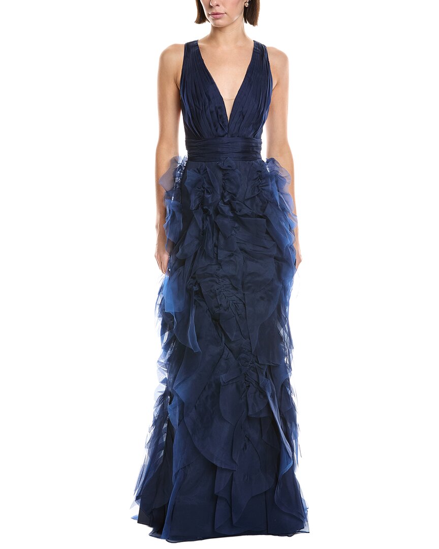 Marchesa Notte Sleeveless Deep V-neck Silk Maxi Dress In Blue