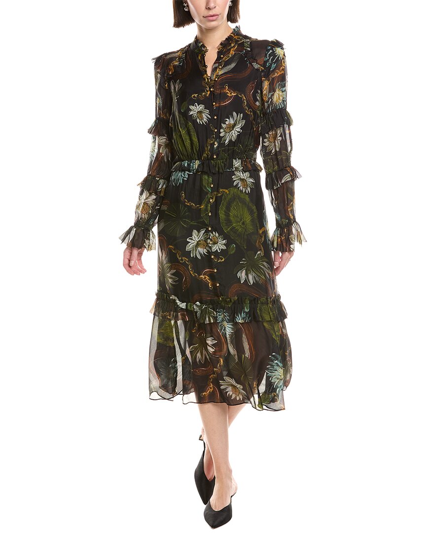 Marchesa Notte Printed Silk-blend A-line Dress In Black