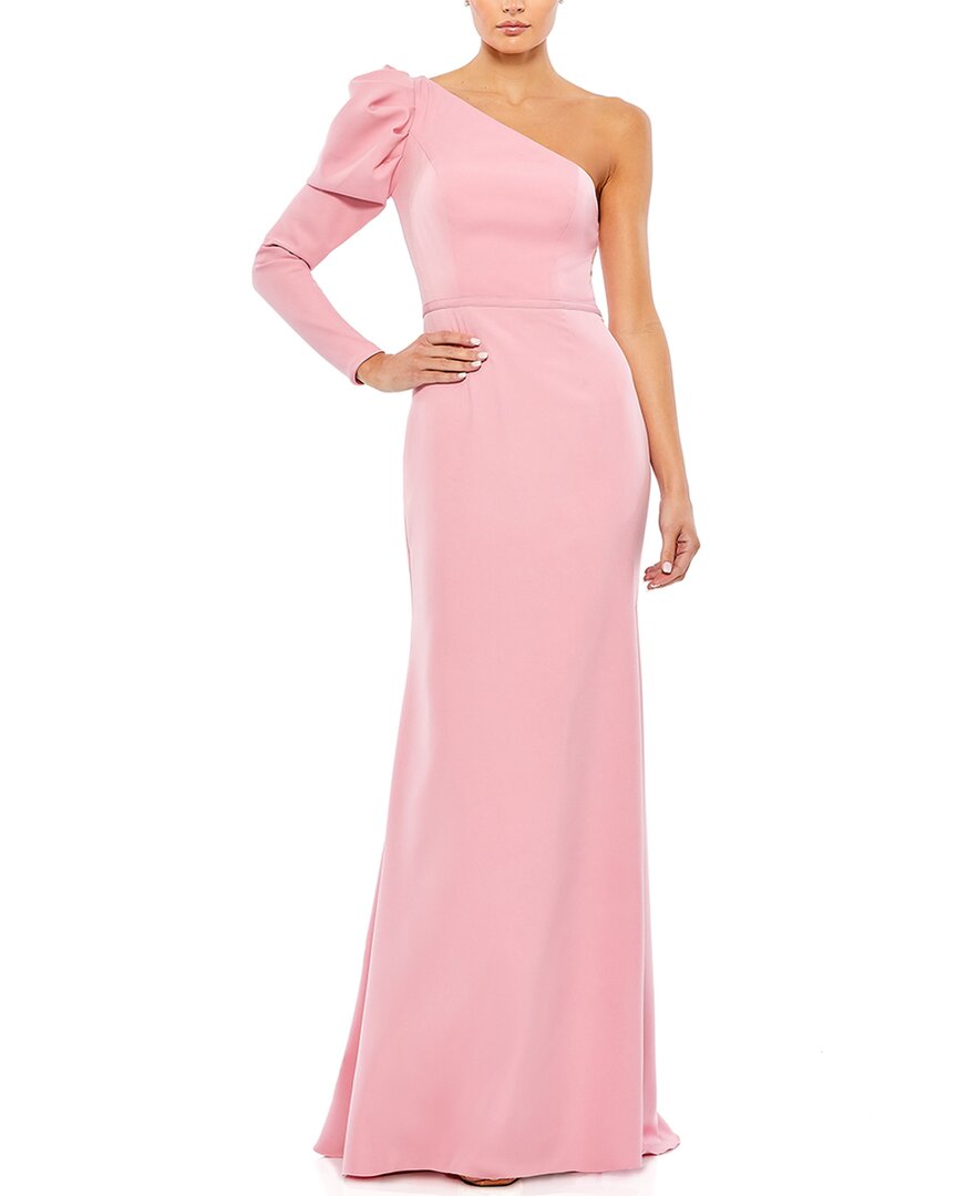 Mac Duggal One-shoulder Gown With Dramatic Puff Sleeve And Thigh-high Slit In Pink