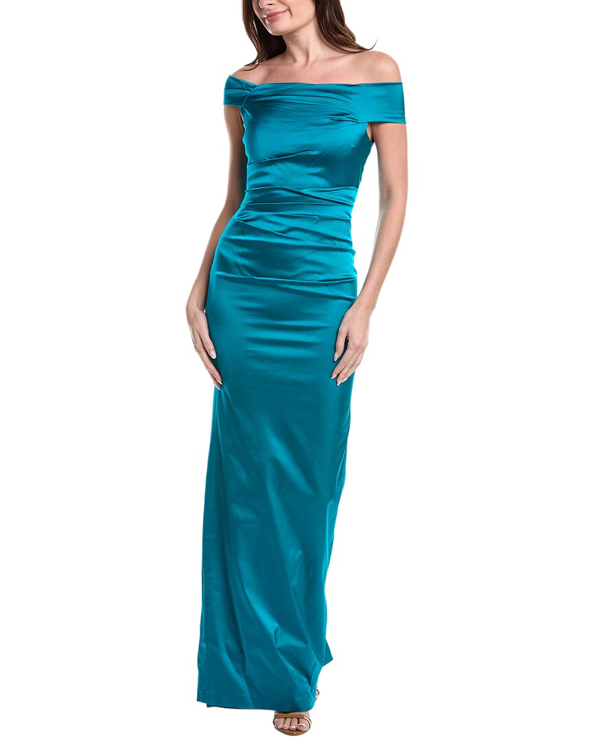 Teri Jon By Rickie Freeman Satin Ruched Asymmetrical Off Shoulder Gown In Green
