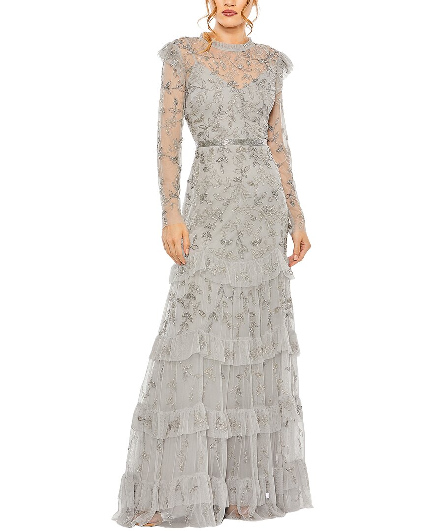Mac Duggal Structured Ball Gown With Square Neck And Cap Sleeves In Silver