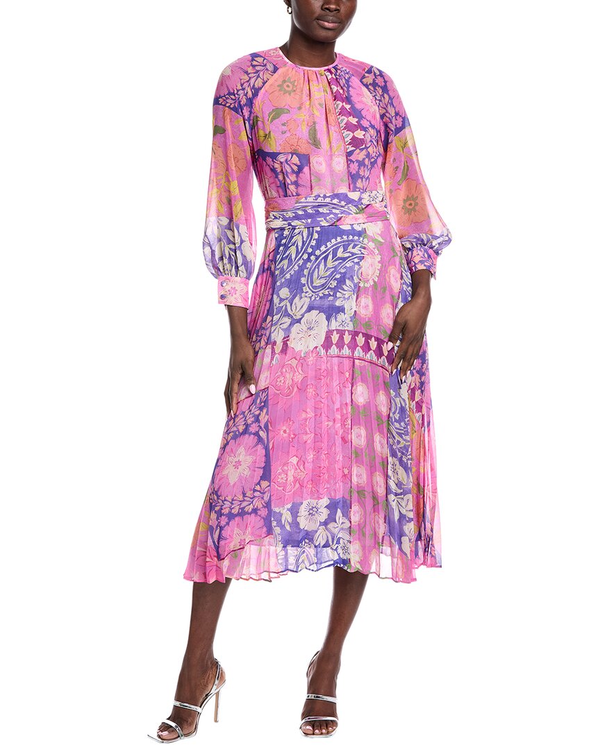 Teri Jon Chiffon Floral Pleated Belted Dress In Lavender Multi In Pink