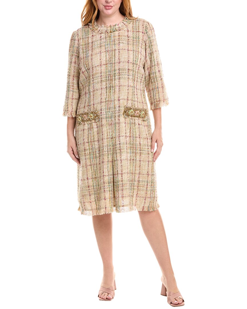 Teri Jon Plaid Pattern Tweed Jewel Neckline 3/4 Sl In Multi