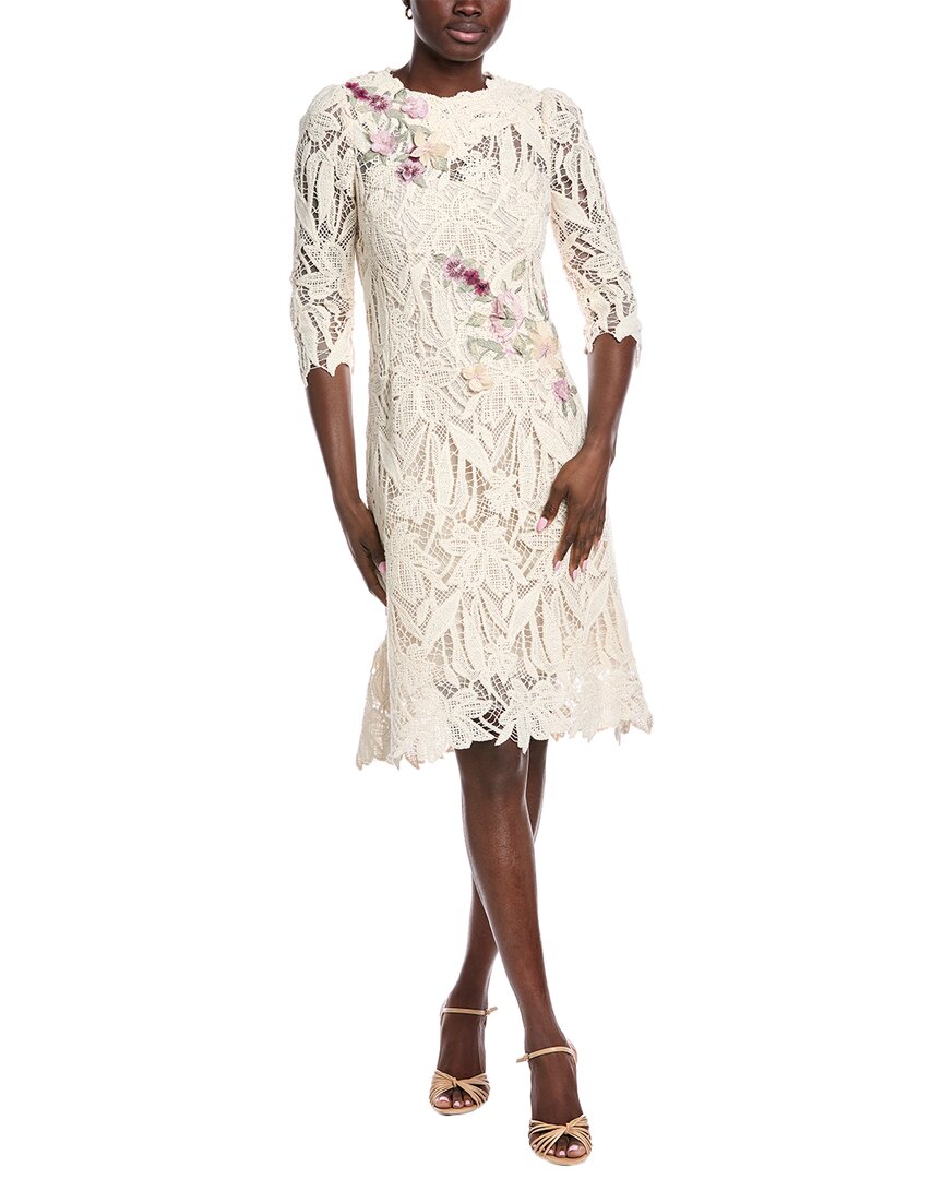 Teri Jon By Rickie Freeman Flower Applique Embroidered Midi Dress In Neutral