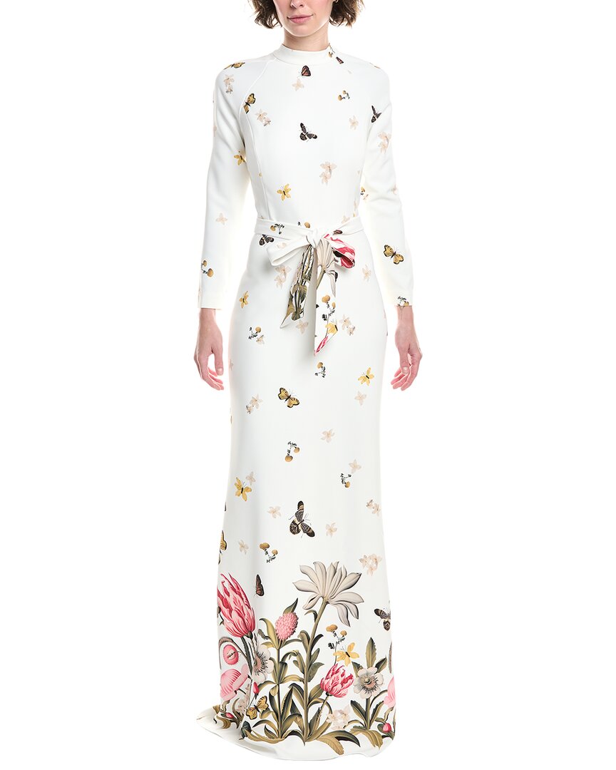 Teri Jon Stretch Crepe Floral W/tie Neck L/s Gown In White