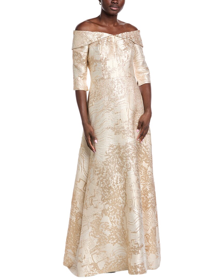 Teri Jon By Rickie Freeman Jacquard Off-shoulder Gown In Neutral