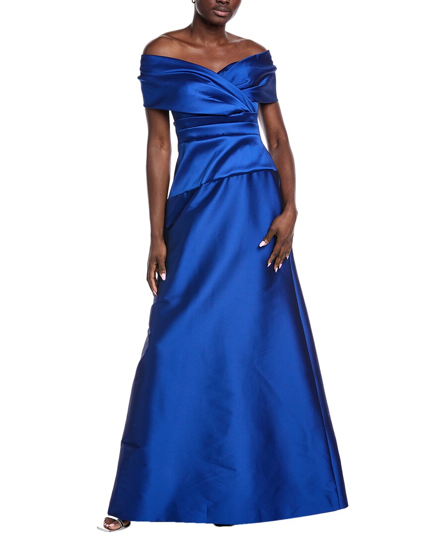 Teri Jon By Rickie Freeman Stretch Mikado Off-shoulder Gown In Blue