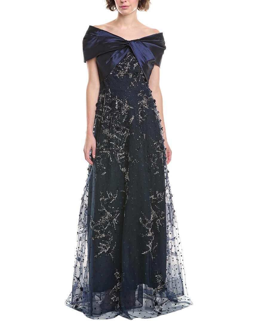 Teri Jon By Rickie Freeman Taffeta Off-shoulder Gown In Blue