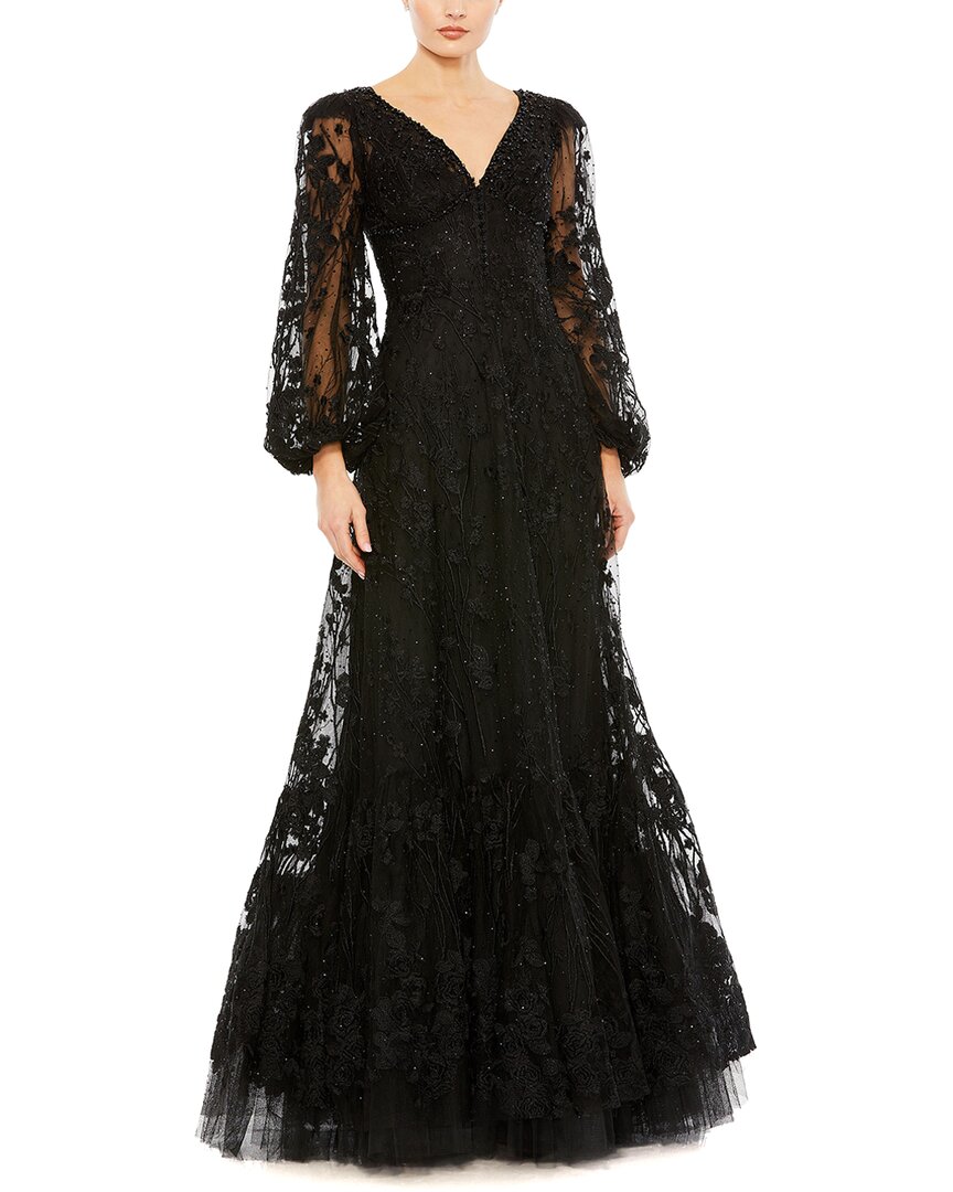 Mac Duggal V Neck Puff Sleeve A Line Embroidered Gown In Black