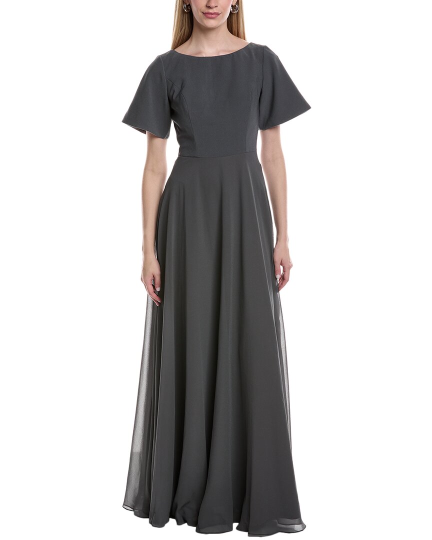Rene Ruiz Boat Neck Chiffon A-line Gown In Gray