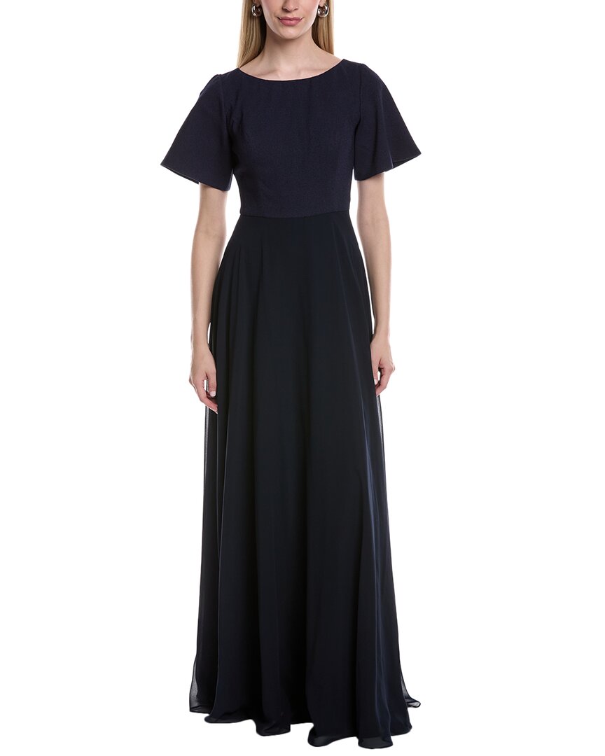 Rene Ruiz Boat Neck Chiffon A-line Gown In Blue