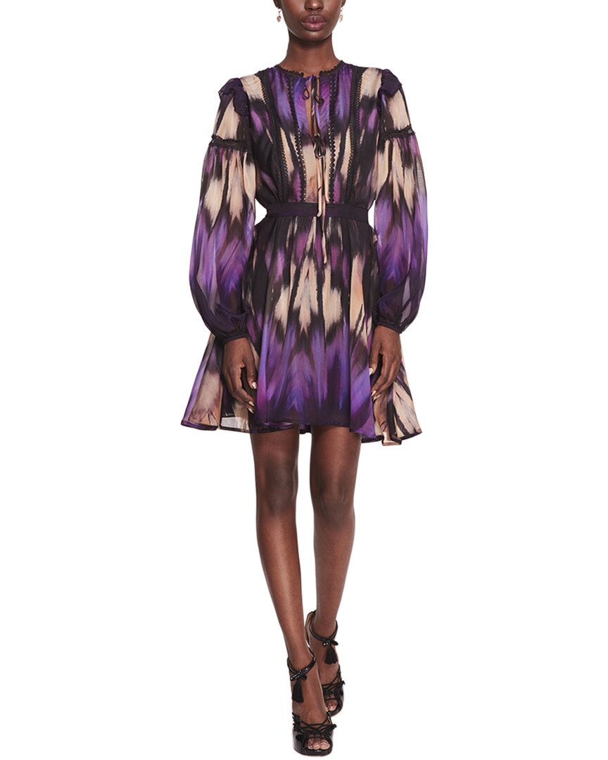 Marchesa Notte Long Sleeve Printed Silk Dress In Purple