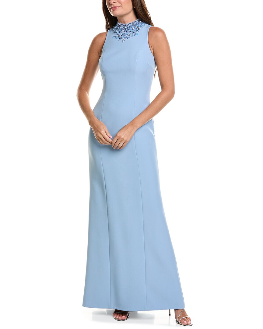 Teri Jon By Rickie Freeman Crepe Funnel Beaded Neck Column Gown In Blue