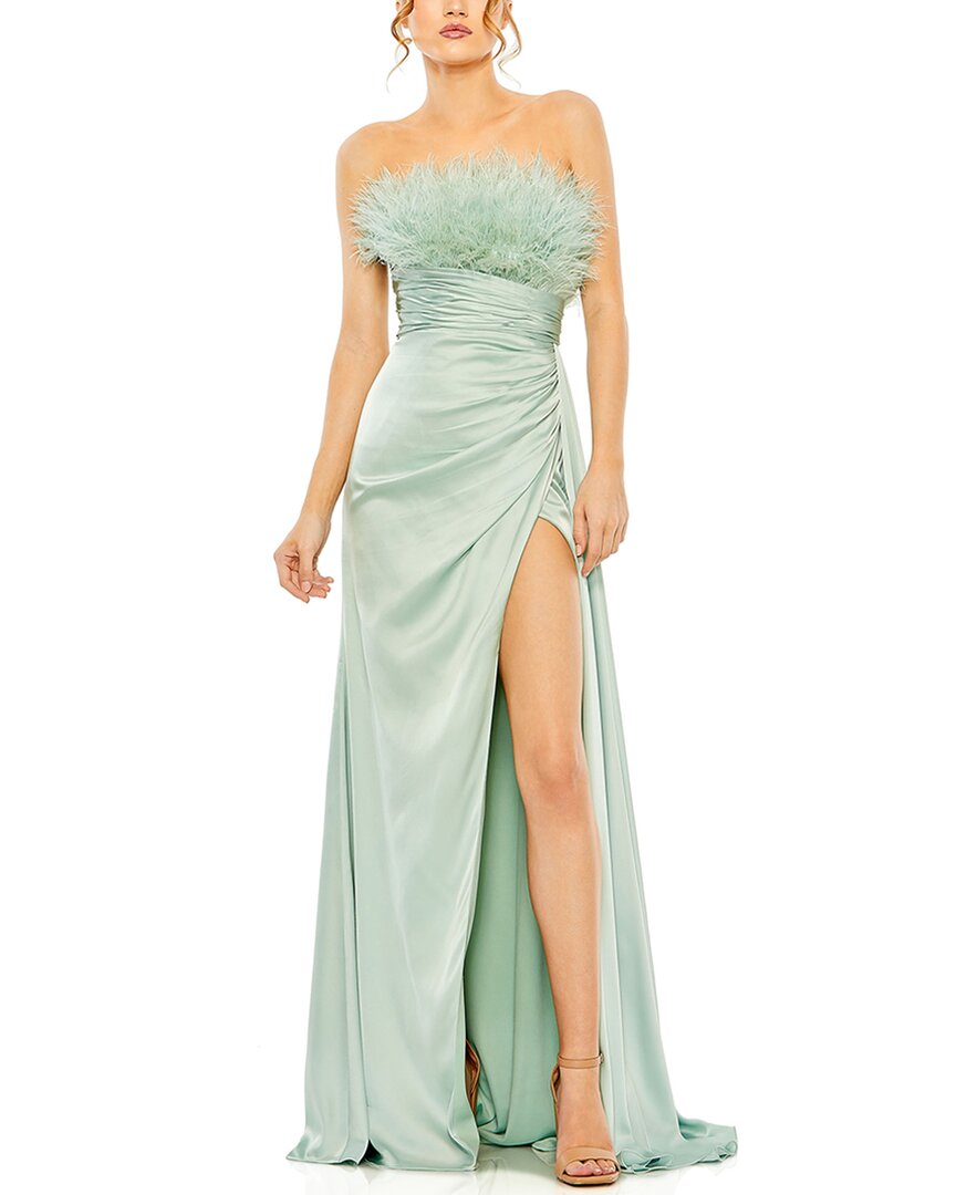 Mac Duggal Strapless Feather Detail Satin Gown In Green