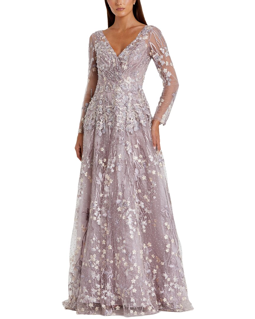 Mac Duggal Embroidered Lace Wrap Over Illusion Long Sleeve A Line Gown In Purple