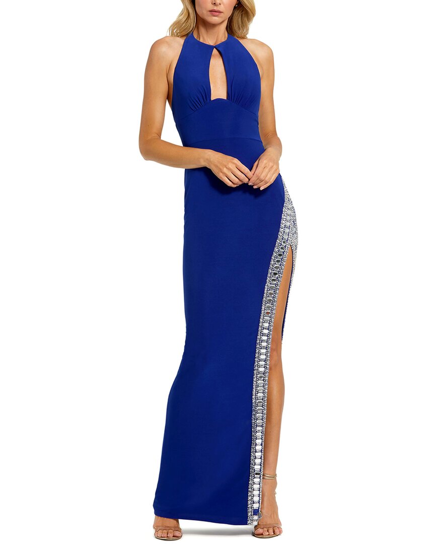 Mac Duggal Rhinestone Slit Halter Neck Jersey Sheath Gown In Blue
