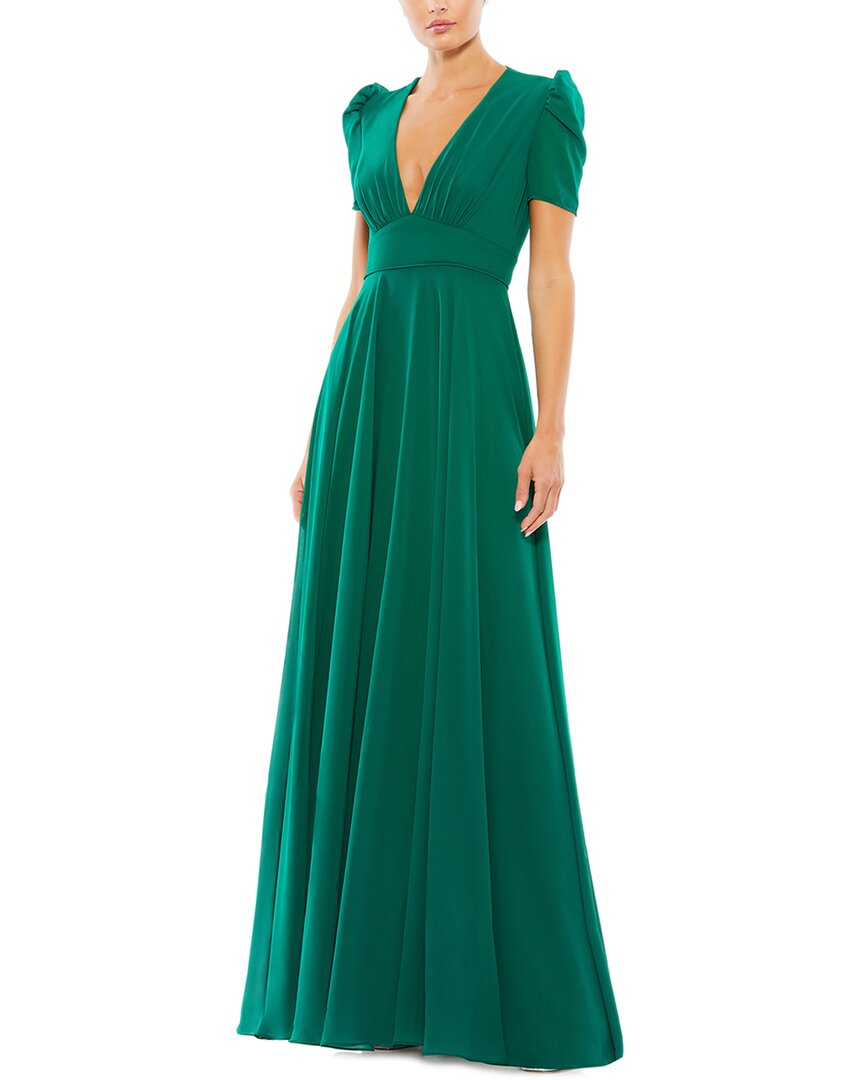 Mac Duggal Long Sleeve Ruched Waist A-line Gown In Green