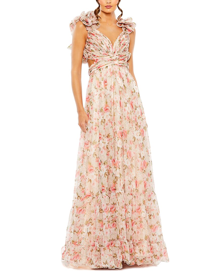 Mac Duggal Ruffled Lace-up Evening Gown In Pink
