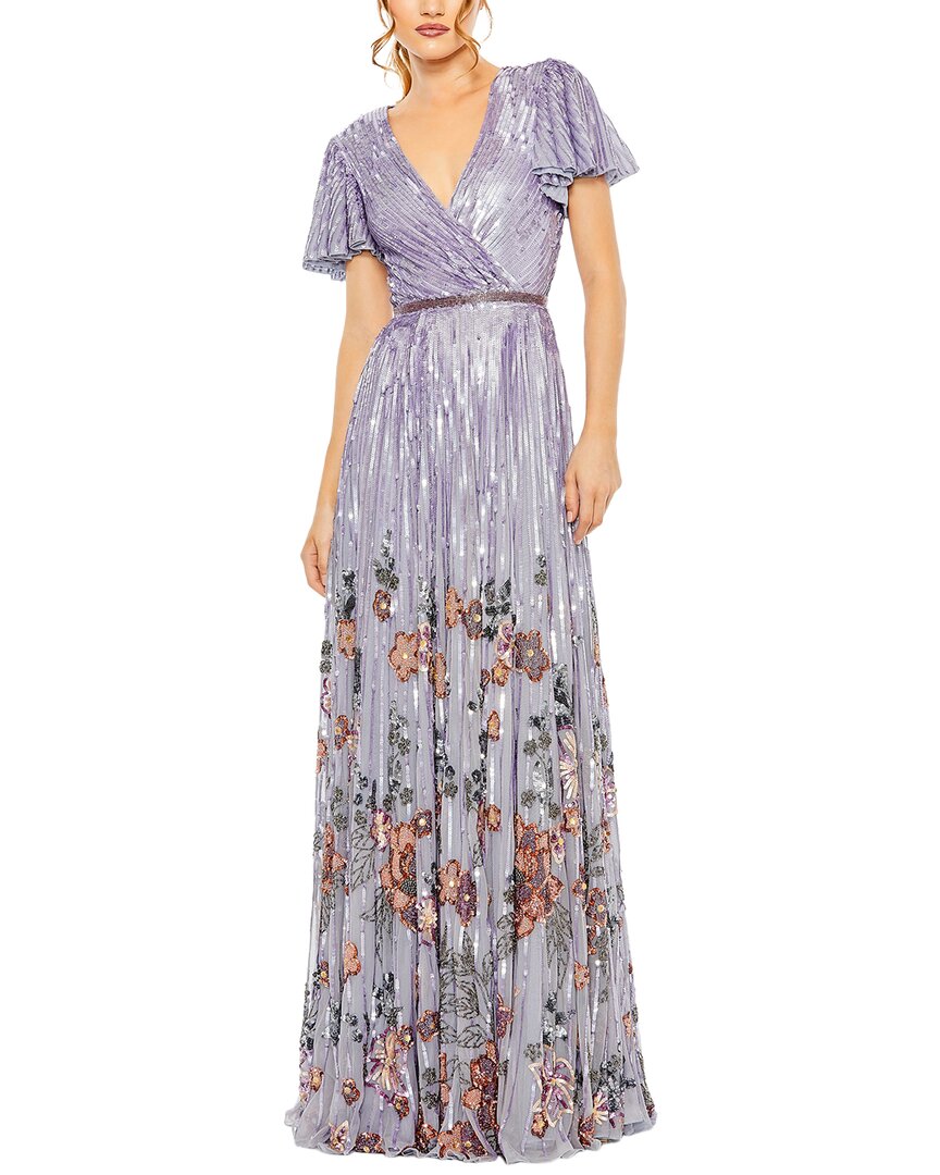 Mac Duggal Sequin Floral Flutter Sleeve Gown In Purple