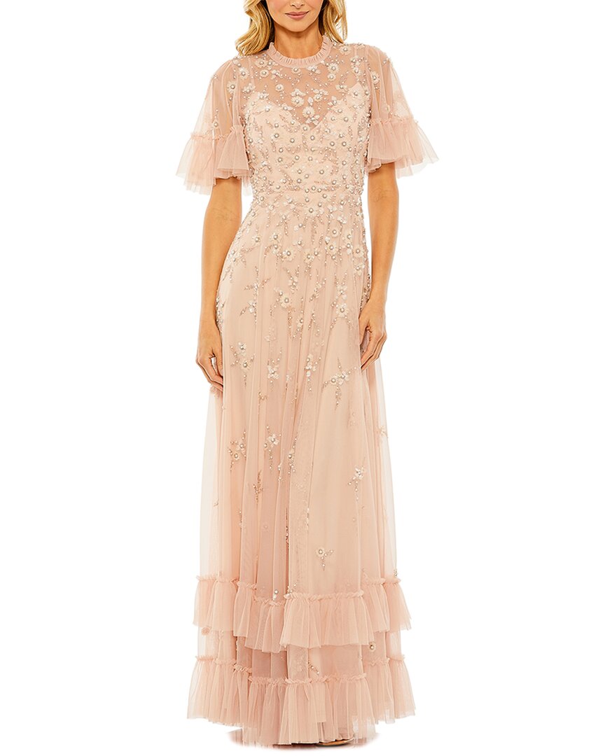 Mac Duggal Ruffled Floral Embellished Flutter Sleeve A-line Gown In Pink