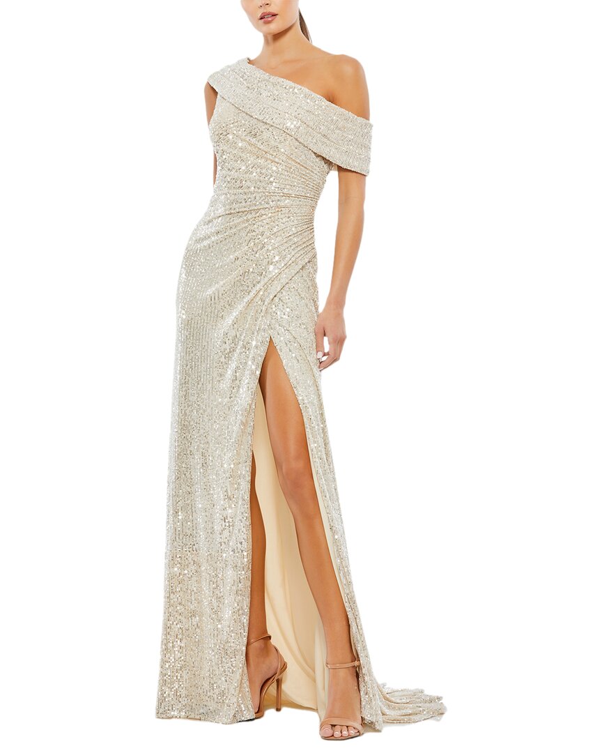 Mac Duggal Off-the-shoulder Beaded Side Shirred Gown In Silver