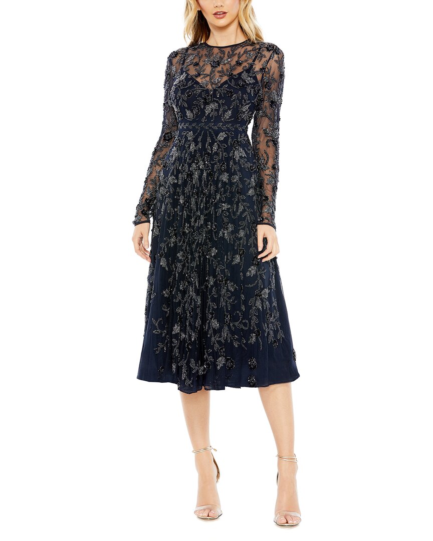 Mac Duggal Beaded Illusion High Neck Long Sleeve A In Blue