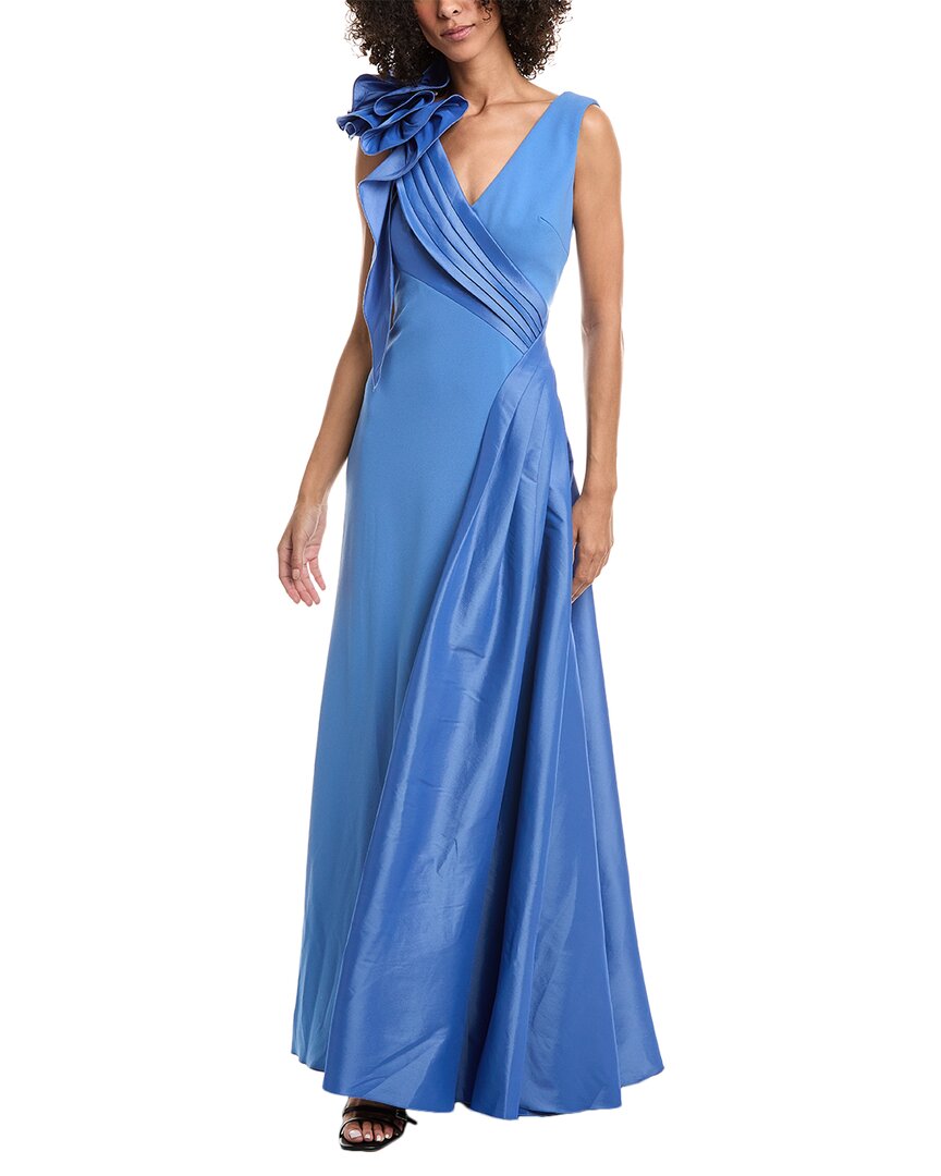 Tadashi Shoji Barlowe Ruffled Shoulder Draped Crepe Gown In Blue